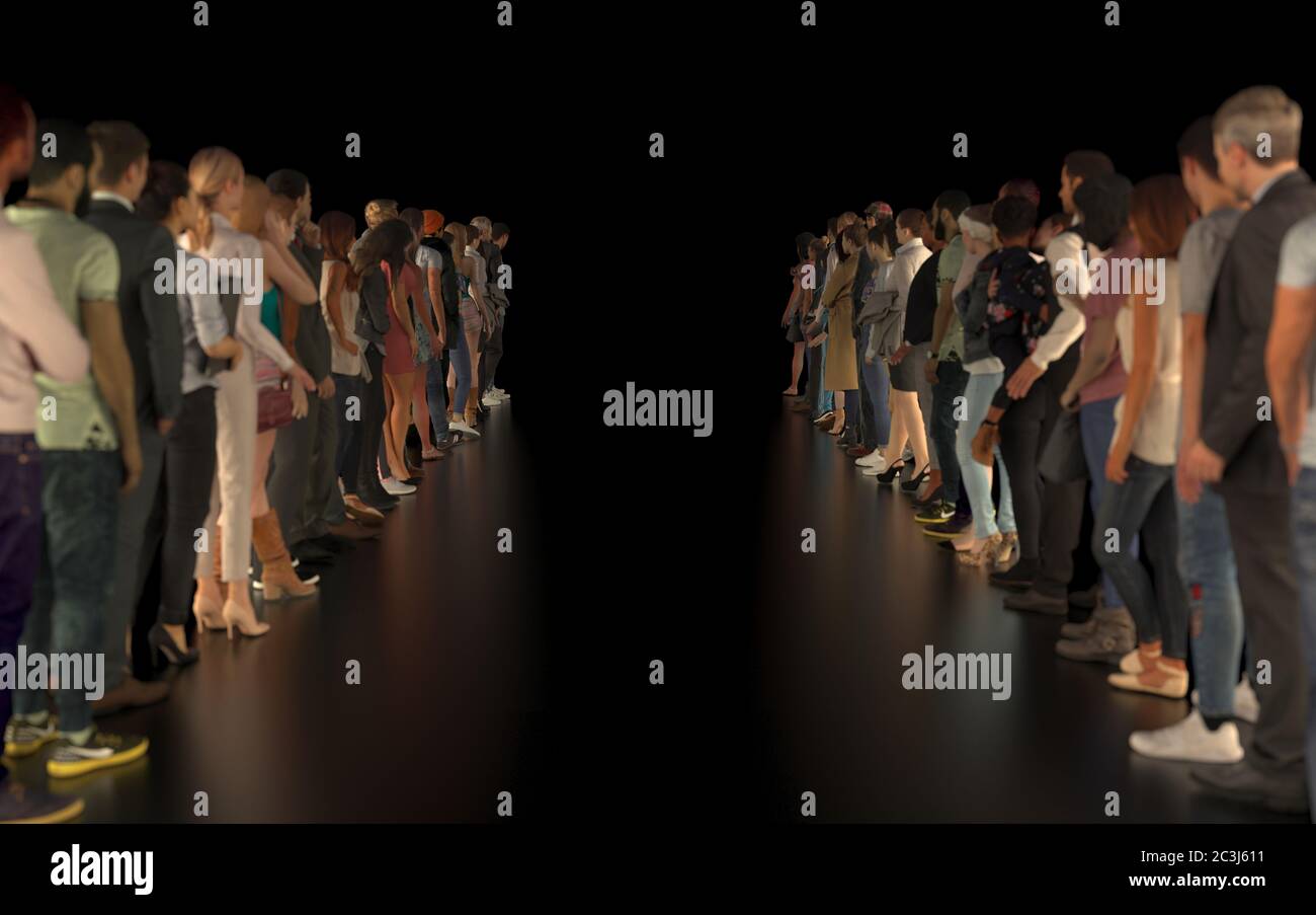 Beaucoup de gens se sont alignés en ligne formant un couloir. La foule attend un événement, une performance ou un défilé de mode. Piste vide ou podium sur un b noir Banque D'Images