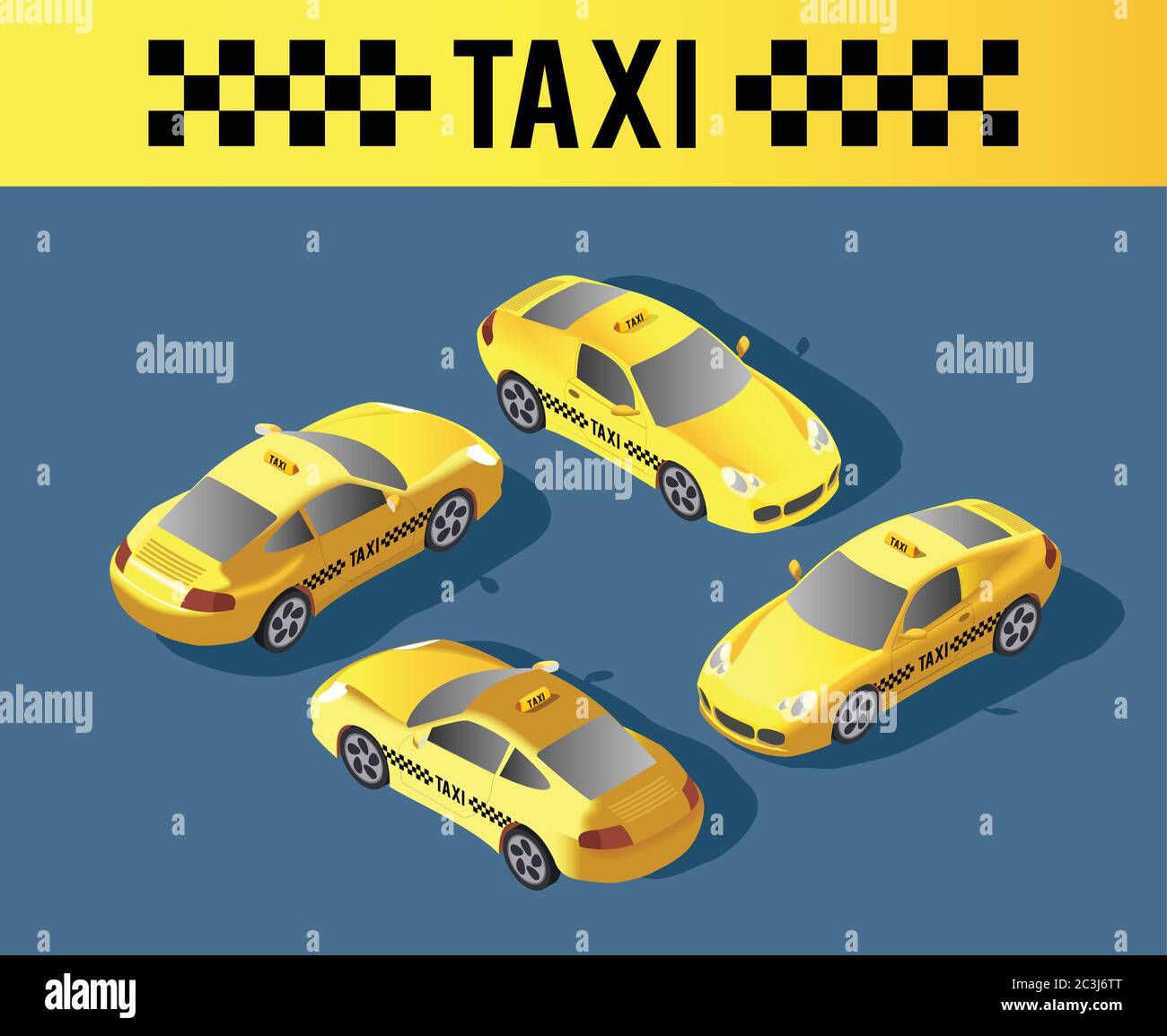 Berline jaune. Transport en taxi, service. Infographies et concept de jeu. Conception de voiture de taxi. Illustration vectorielle isométrique 3d plate. Illustration de Vecteur