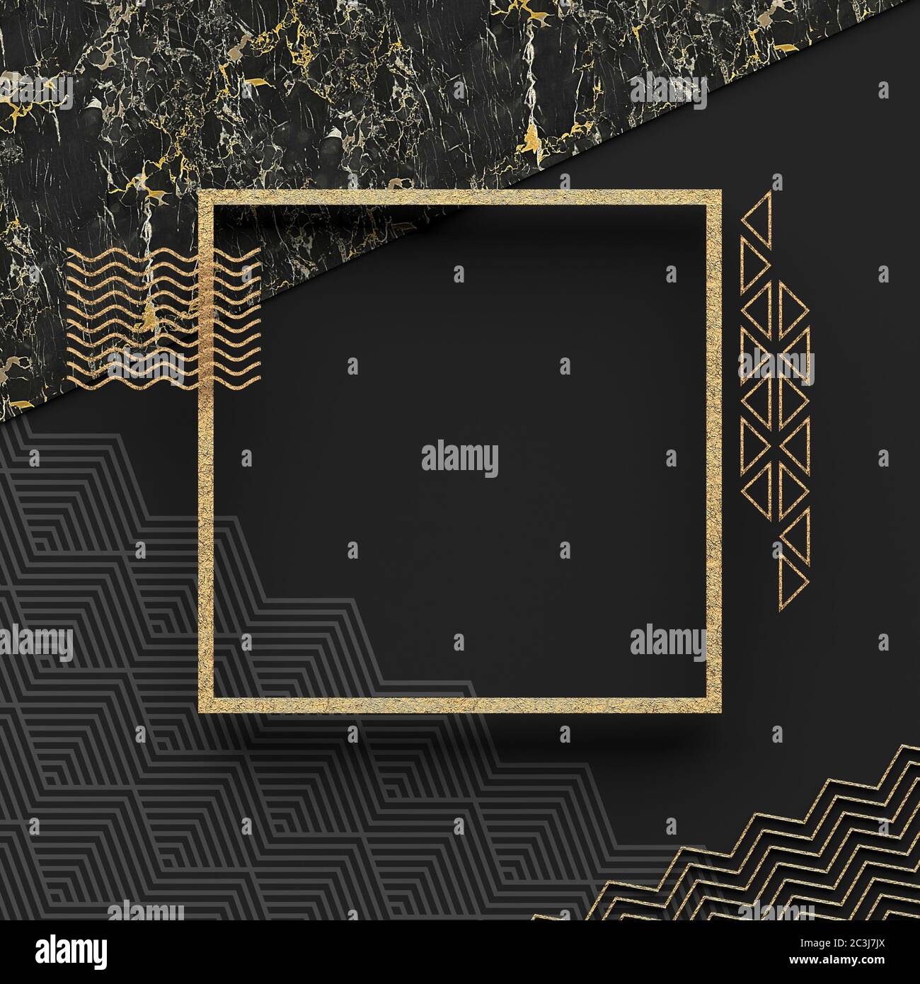 Cadre carré sur pierre de marbre avec fond sombre et éléments dorés texturés. Copier l'espace. Composition géométrique abstraite. Rendu 3D. Banque D'Images