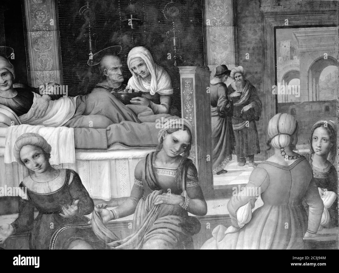 DETALLE DE LA NATIVIDAD DE MARIA DEL RETABLO DE LA CATEDRAL DE VALENCIA - SIGLO XVI - RENACIMIENTO ESPAÑOL - B/N - AÑOS 60. AUTEUR: LLANOS HERNANDO / YANEZ DE LA ALMEDILLA. Emplacement: CATEDRAL-INTÉRIEUR. Valence. ESPAGNE. SANTA ANA MADRE DE LA VIRGEN MARIA. SAN JOAQUIN-PADRE DE LA VIRGEN MARIA. Banque D'Images