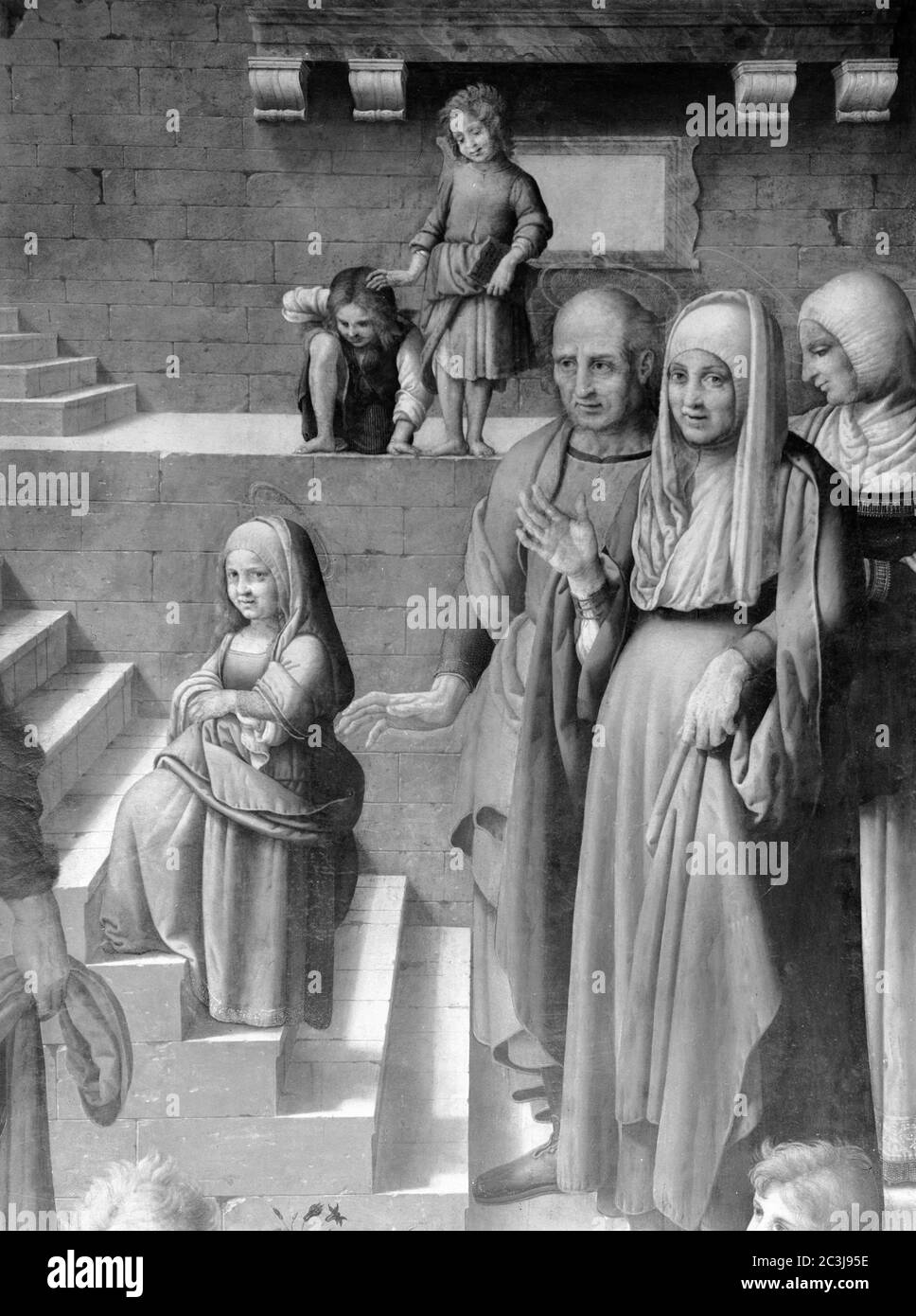 DETALLE DE LA PRESENTACION DE LA VIRGEN AL TEMPLO DEL RETABLO DE LA CATEDRAL DE VALENCIA - SIGLO XVI - RENACIMIENTO ESPAÑOL - B/N - AÑOS 60. AUTEUR: LLANOS HERNANDO / YANEZ DE LA ALMEDILLA. Emplacement: CATEDRAL-INTÉRIEUR. Valence. ESPAGNE. LA VIERGE MARIE. SANTA ANA MADRE DE LA VIRGEN MARIA. VIRGEN MARIA NIÑA. SAN JOAQUIN-PADRE DE LA VIRGEN MARIA. Banque D'Images