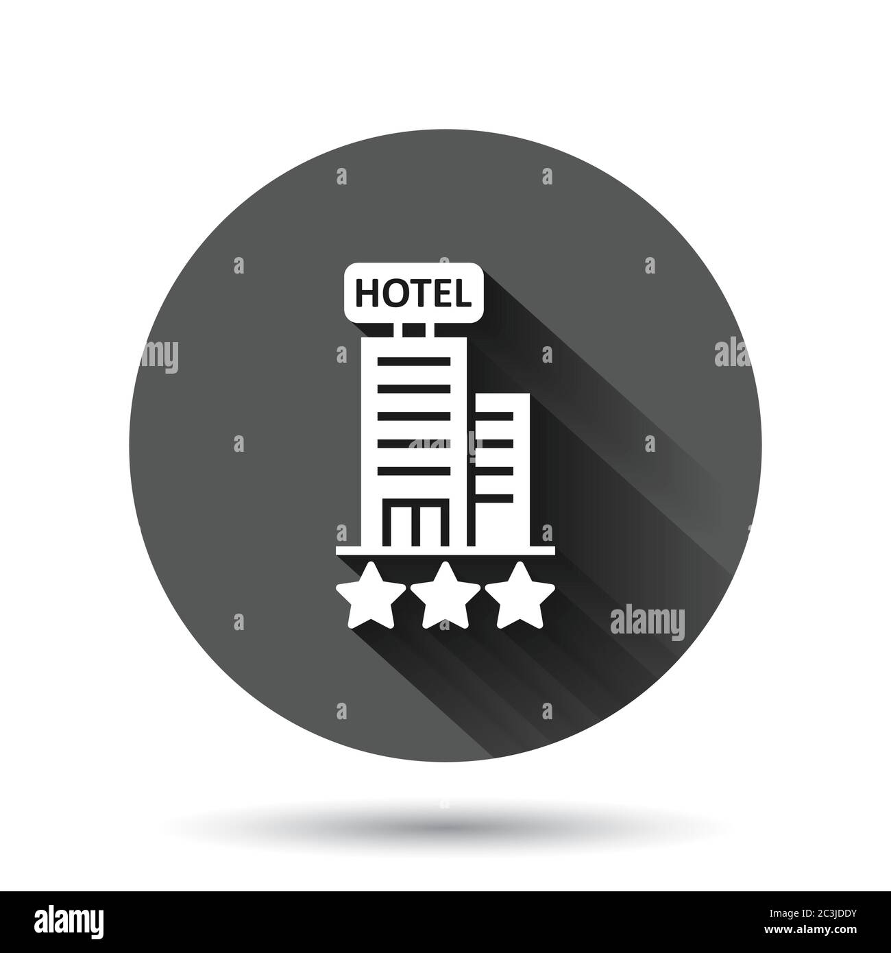 Hôtel 3 étoiles icône de panneau dans le style plat. Illustration vectorielle de construction d'auberge sur fond rond noir avec effet d'ombre long. Chambre Hostel cercle bouton b Illustration de Vecteur