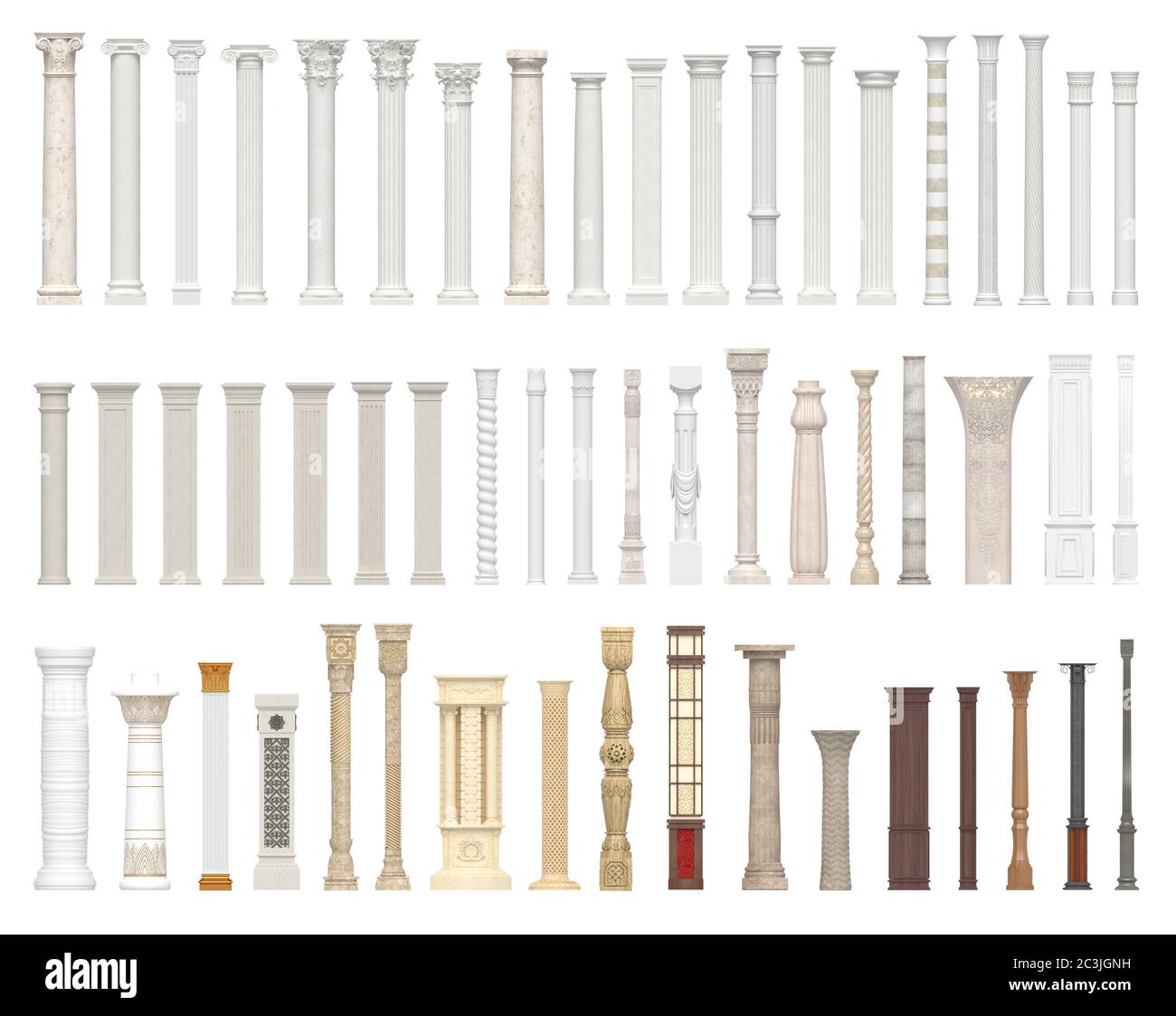 Ensemble de colonnes et de piliers de différents styles. Mandat architectural isolé sur fond blanc. Visualisation 3D. Banque D'Images