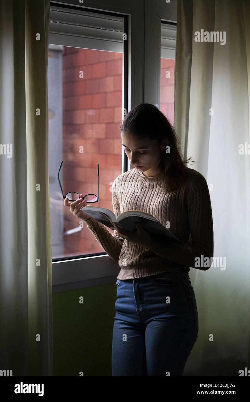 Une photo verticale d'une femme brune lisant un livre à côté de la fenêtre Banque D'Images