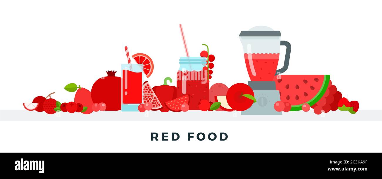 Illustration rouge à motif de nourriture dans un modèle plat. Concept alimentation saine et vitamines. Illustration de Vecteur