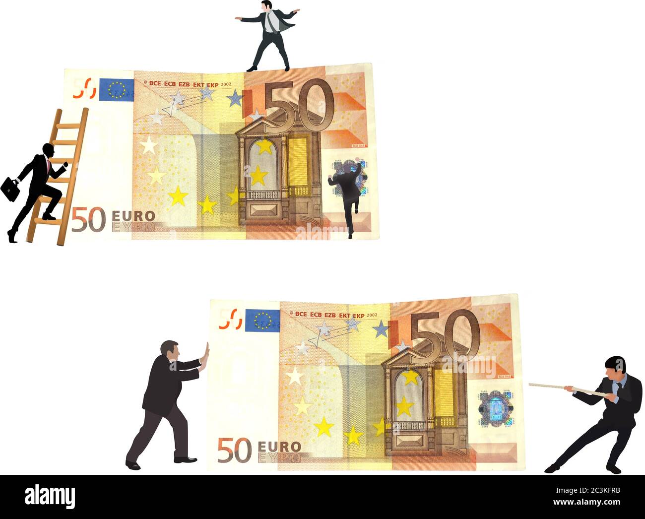 Illustration avec icônes de personnes et de factures en euros Banque D'Images