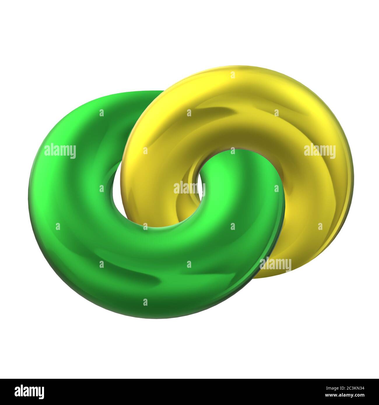 forme de beignets brillants de couleur métallique verte et jaune interreliés au centre, isolés sur fond blanc Banque D'Images