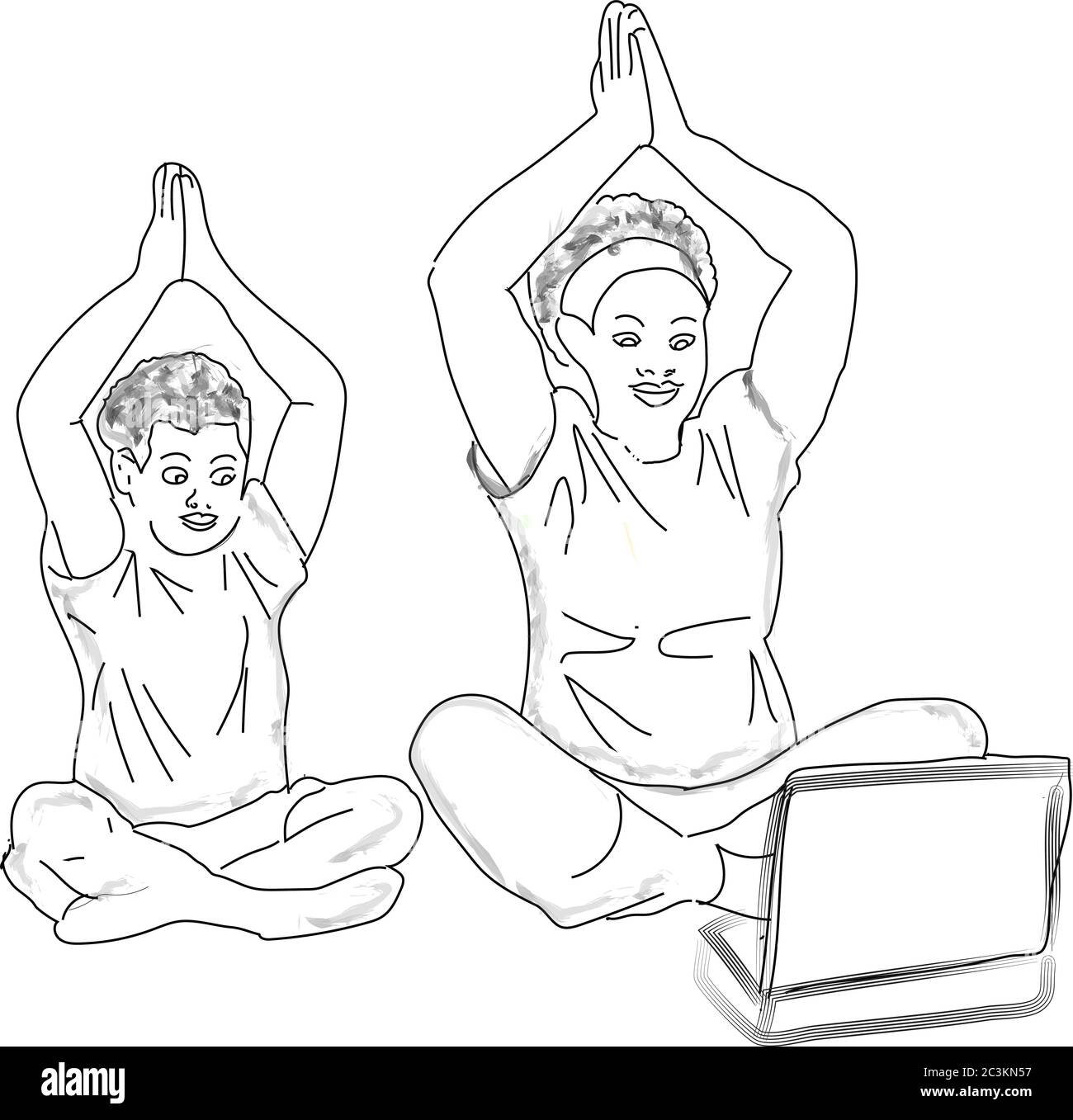 Illustration d'une mère et de son fils assistant à un cours de yoga en ligne devant un ordinateur pendant la Journée internationale du yoga Banque D'Images