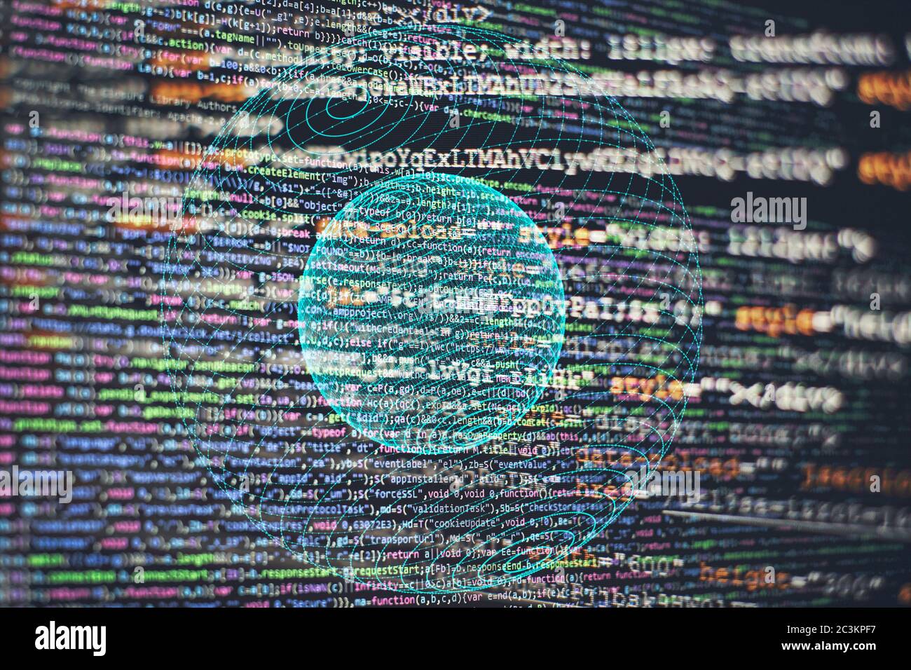 Code de script informatique abstrait. Écran de code de programmation du développeur de logiciel. Temps de travail de programmation logicielle. Texte de code écrit et créé entièrement b Banque D'Images