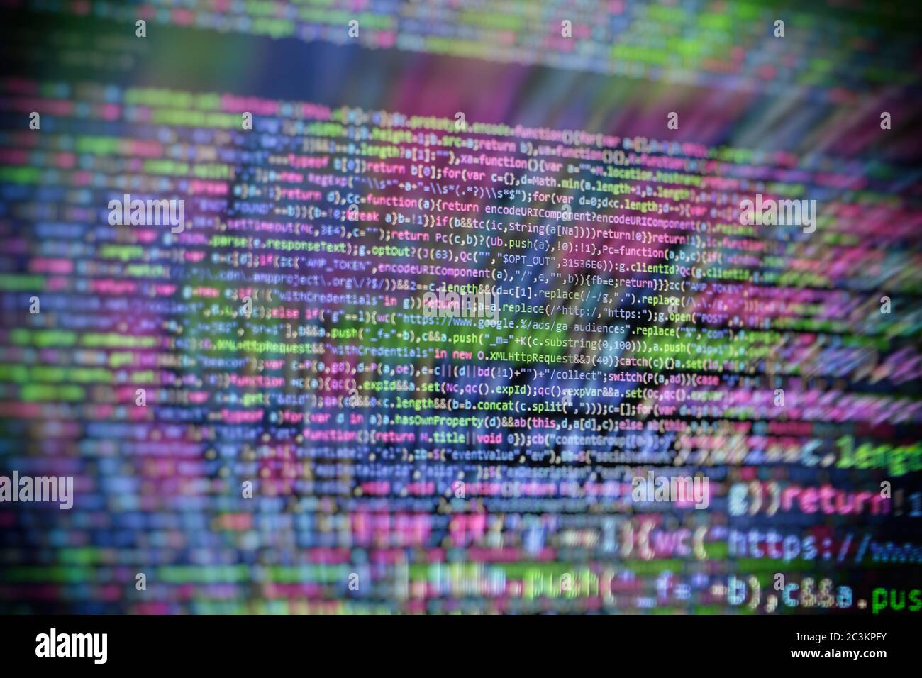 Code de script informatique abstrait. Écran de code de programmation du développeur de logiciel. Temps de travail de programmation logicielle. Texte de code écrit et créé entièrement b Banque D'Images