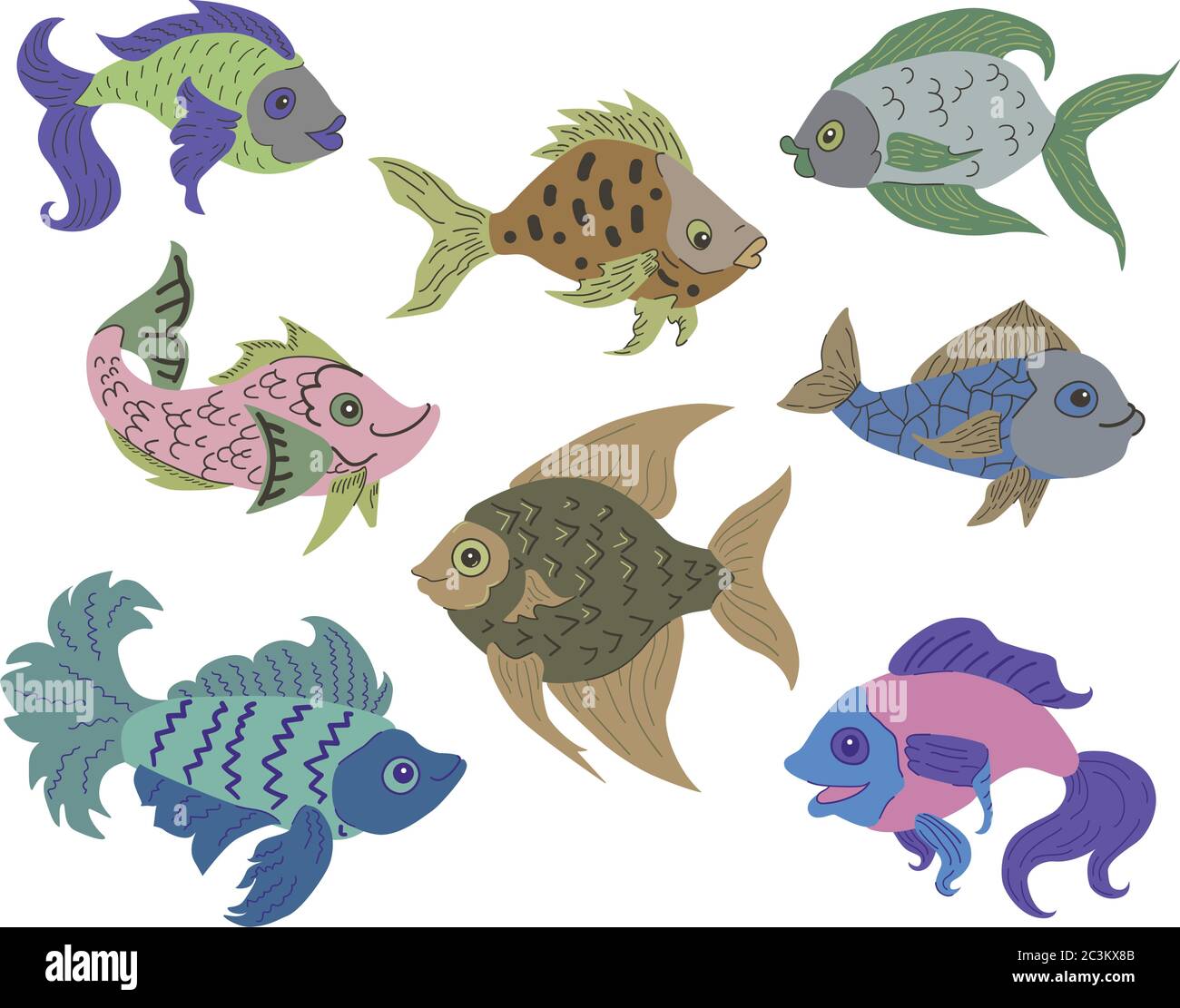 Ensemble de poissons isolés. Ensemble de poissons de dessin animé d'aquarium d'eau douce. Variétés de poissons de couleur populaire ornementaux. Motif poisson plat. Illustration vectorielle, en forme de poisson Illustration de Vecteur