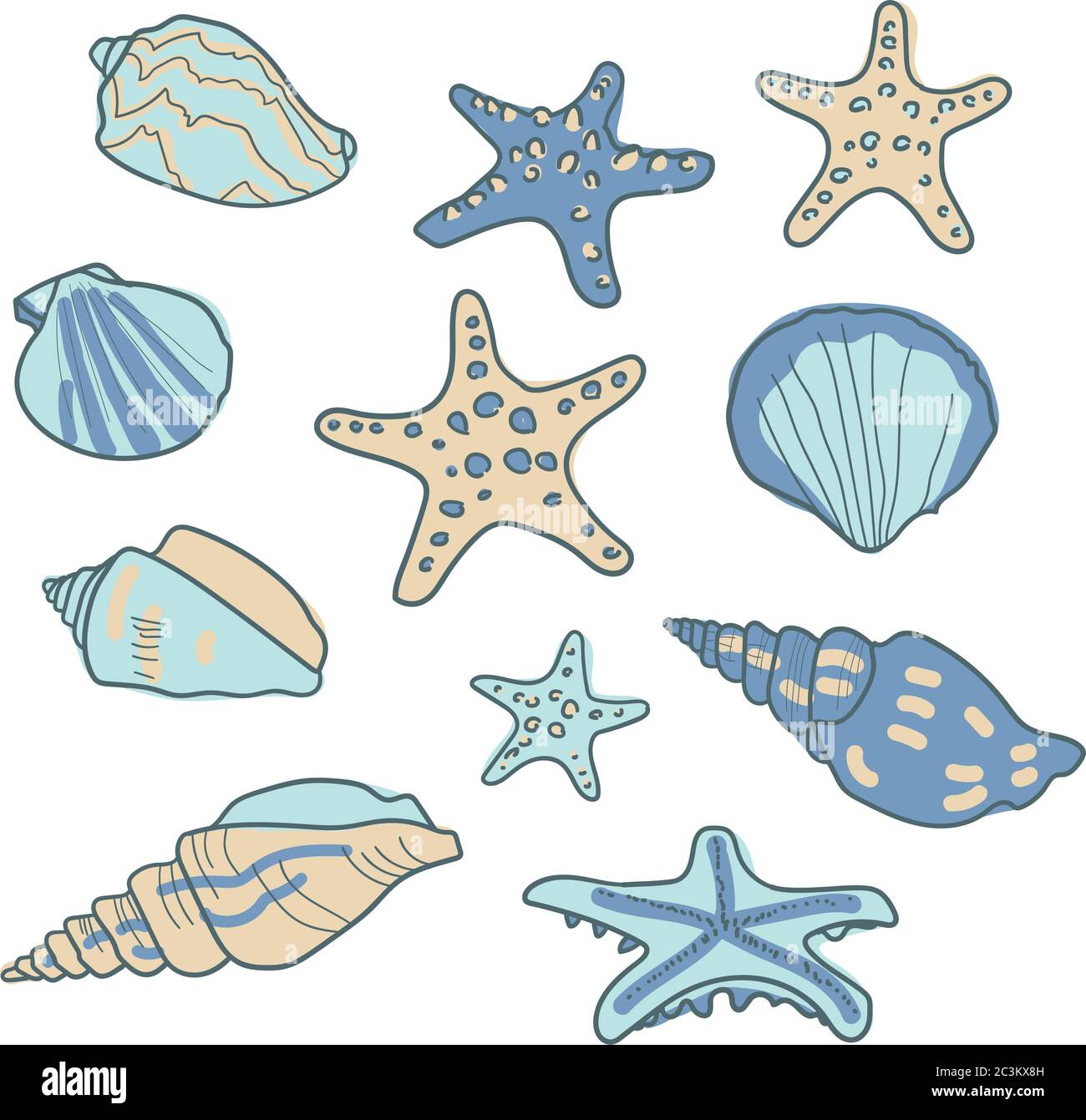 Motif vectoriel avec coquillages et étoiles de mer. Arrière-plan marin. Collection de vecteurs dans le style d'esquisse. Illustration de Vecteur
