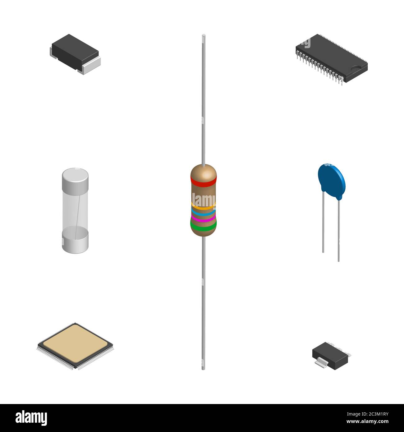 Ensemble de composants électroniques actifs et passifs isolé sur fond blanc. Résistance, condensateur, diode, microprocesseur, fusible et bouton. 3D Illustration de Vecteur
