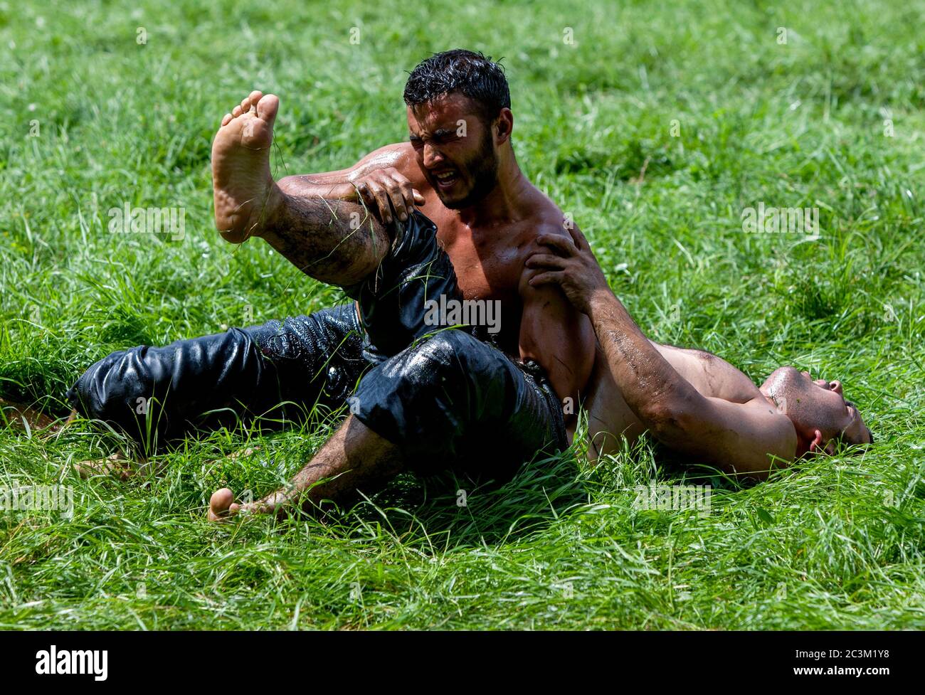 Un lutteur lance son adversaire sur le terrain au Kirkpinar Turque Oil Wrestling Festival à Edirne en Turquie. Banque D'Images