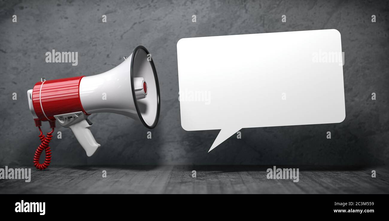 Mégaphone avec bulle de parole pour le texte d'annonce. Marketing et communication. illustration 3d Banque D'Images