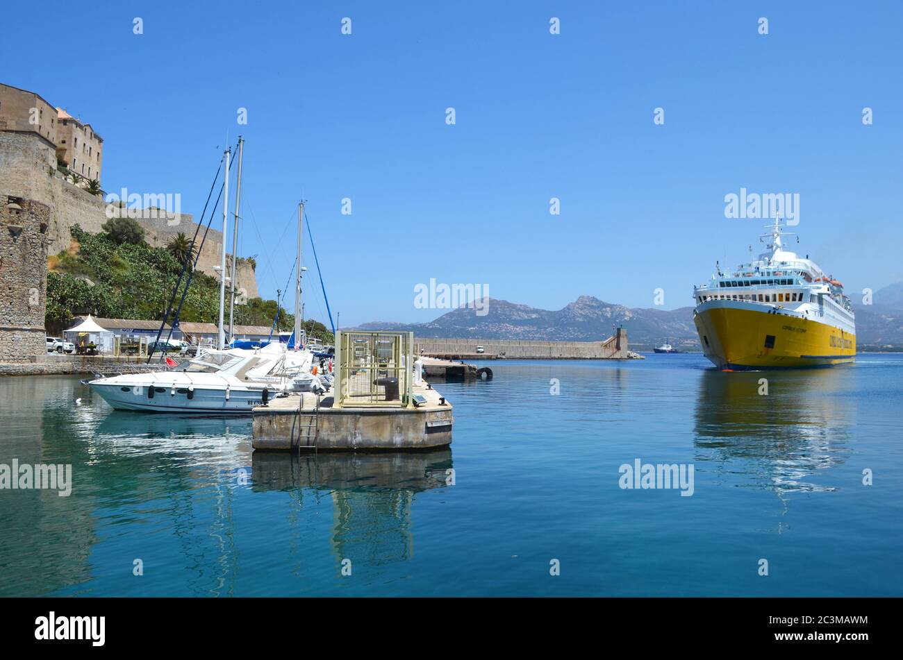 Ferry arrivant au port, Calvi, Corse Banque D'Images
