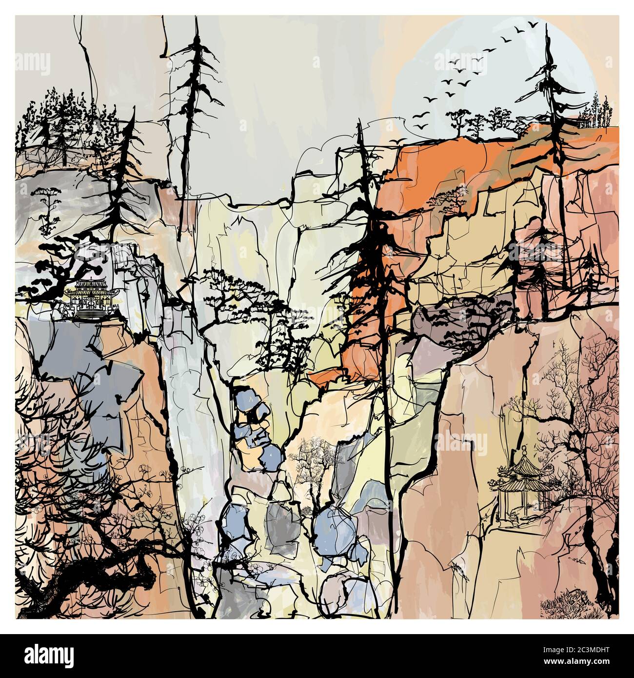 Paysage chinois imaginatif avec des arbres et des montagnes - illustration vectorielle (idéal pour l'impression sur tissu ou papier, affiche ou papier peint, décoration de maison Illustration de Vecteur