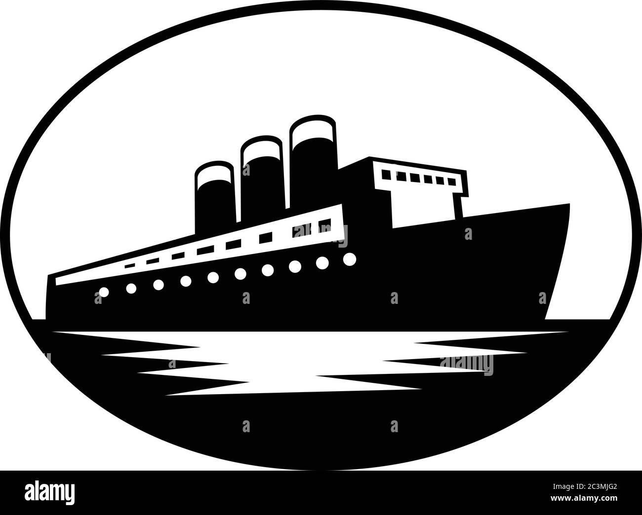 Illustration de style rétro d'un paquebot de mer, d'un bateau de passagers ou d'un bateau à l'intérieur d'un ovale sur fond isolé. Illustration de Vecteur