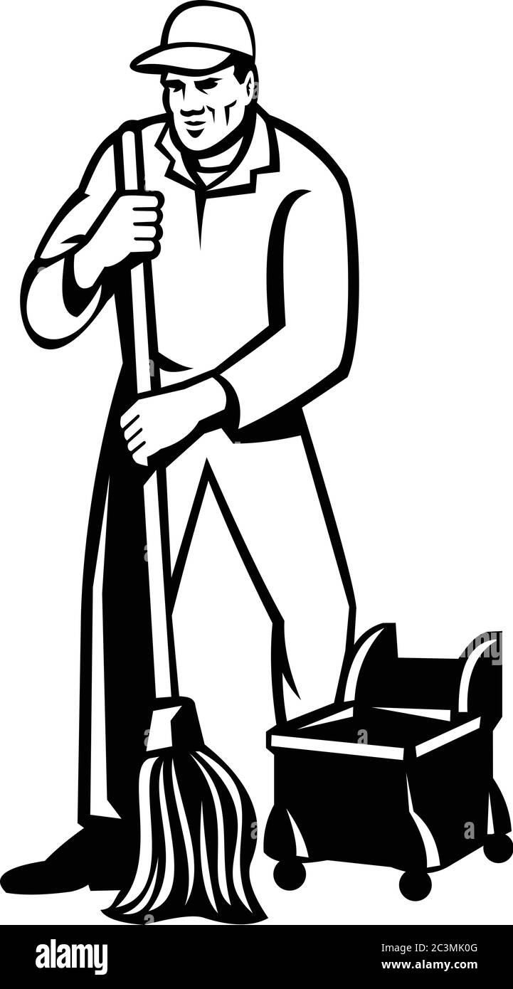 Illustration de style rétro d'un nettoyant commercial ou d'un concierge avec nettoyage à balai pour nettoyage à l'avant sur fond isolé fait en noir et Illustration de Vecteur