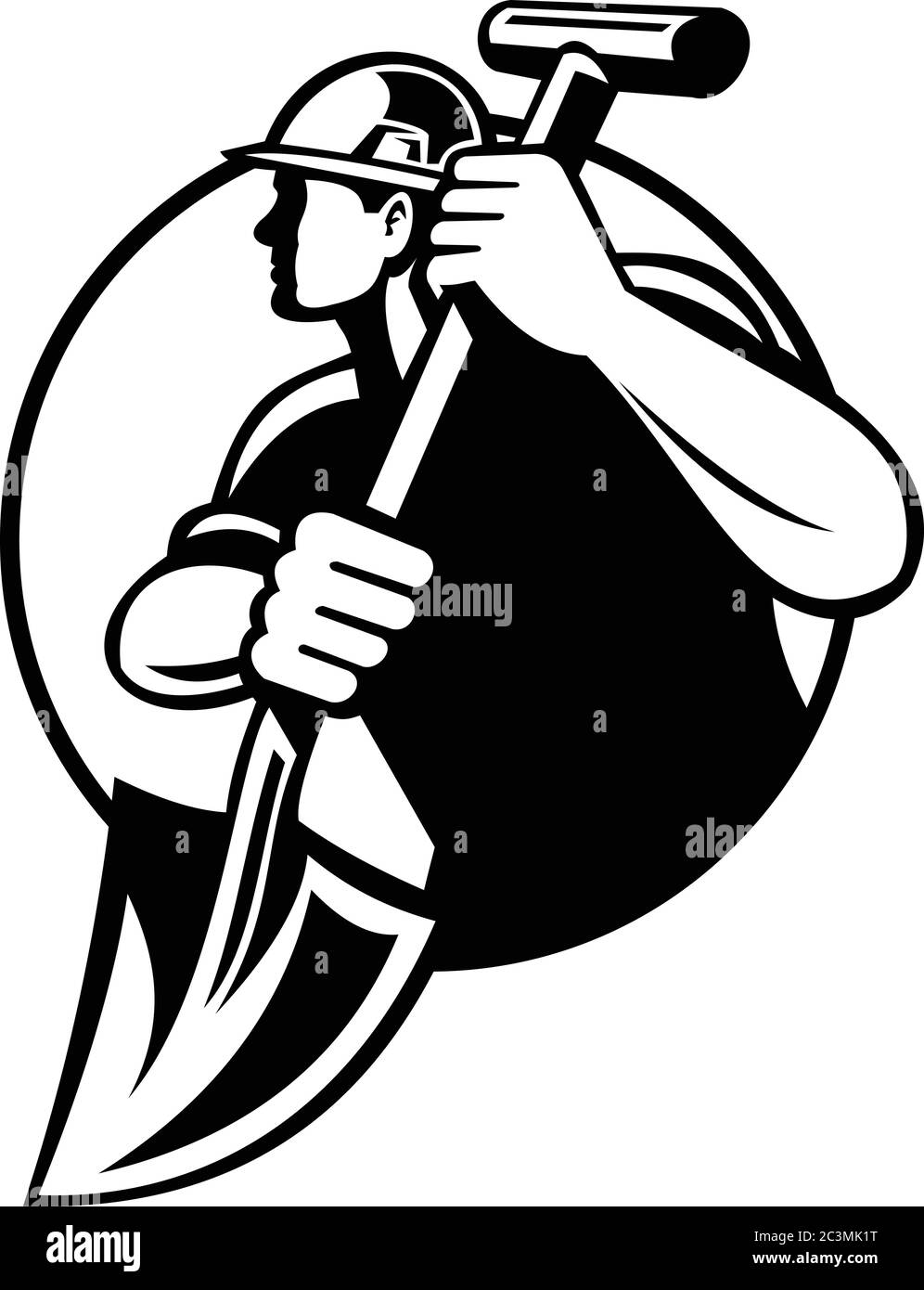 Illustration de style rétro d'un ouvrier de construction ou d'un constructeur tenant une pelle à fourche vue de côté sur un arrière-plan isolé en noir et blanc. Illustration de Vecteur