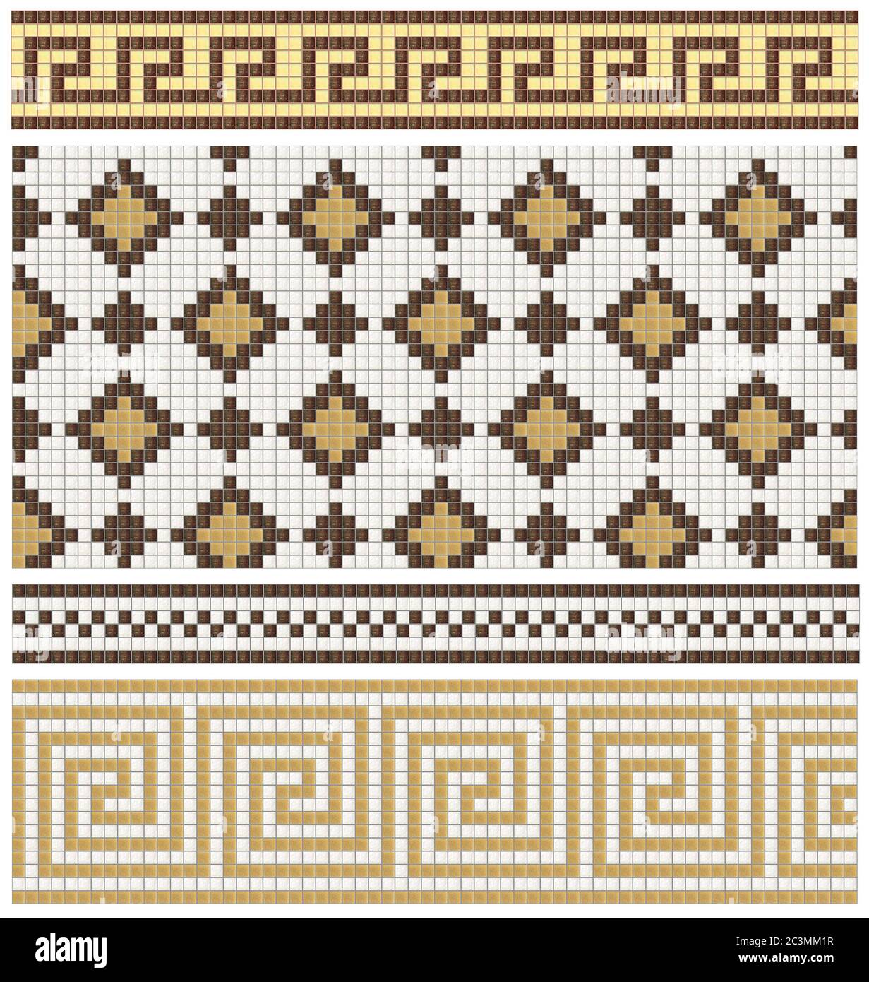 Frises et décors en mosaïque sans couture, coloris marron et beige. Ensemble de textures sans couture. Banque D'Images