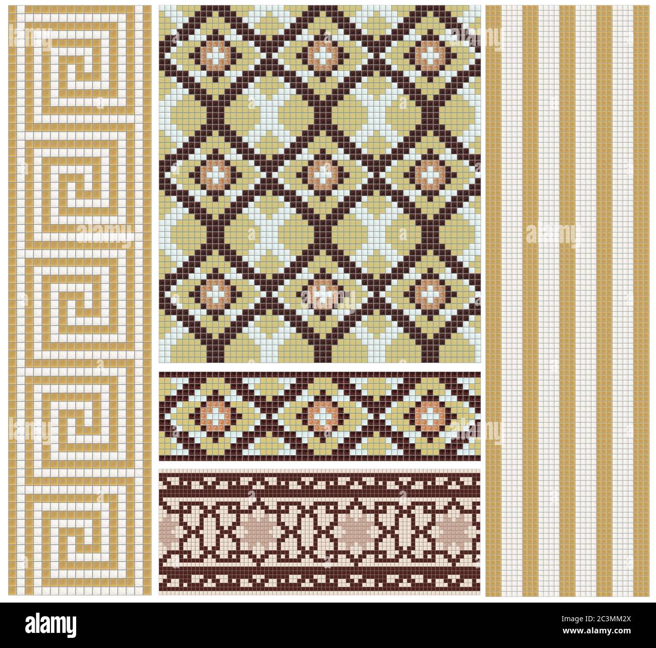 Frises et décors en mosaïque sans couture, coloris marron et beige. Ensemble de textures sans couture. Banque D'Images