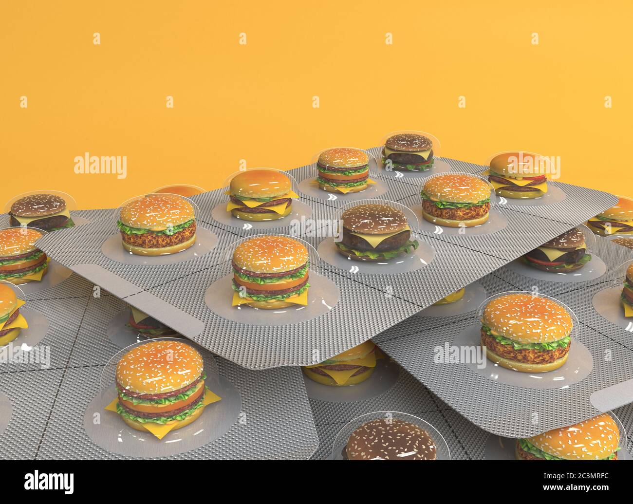 Petits sandwiches, hamburgers et cheeseburgers dans une plaquette thermoformée au lieu de pilules. Emballage alimentaire rapide en format de service sur fond jaune. Co. Créatif Banque D'Images