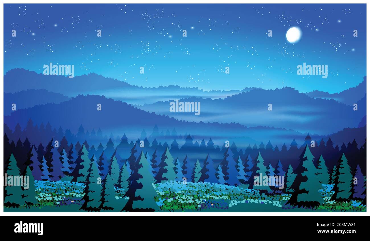 Illustration vectorielle stylisée d'une forêt pittoresque la nuit. Illustration sans couture horizontale, si nécessaire Illustration de Vecteur
