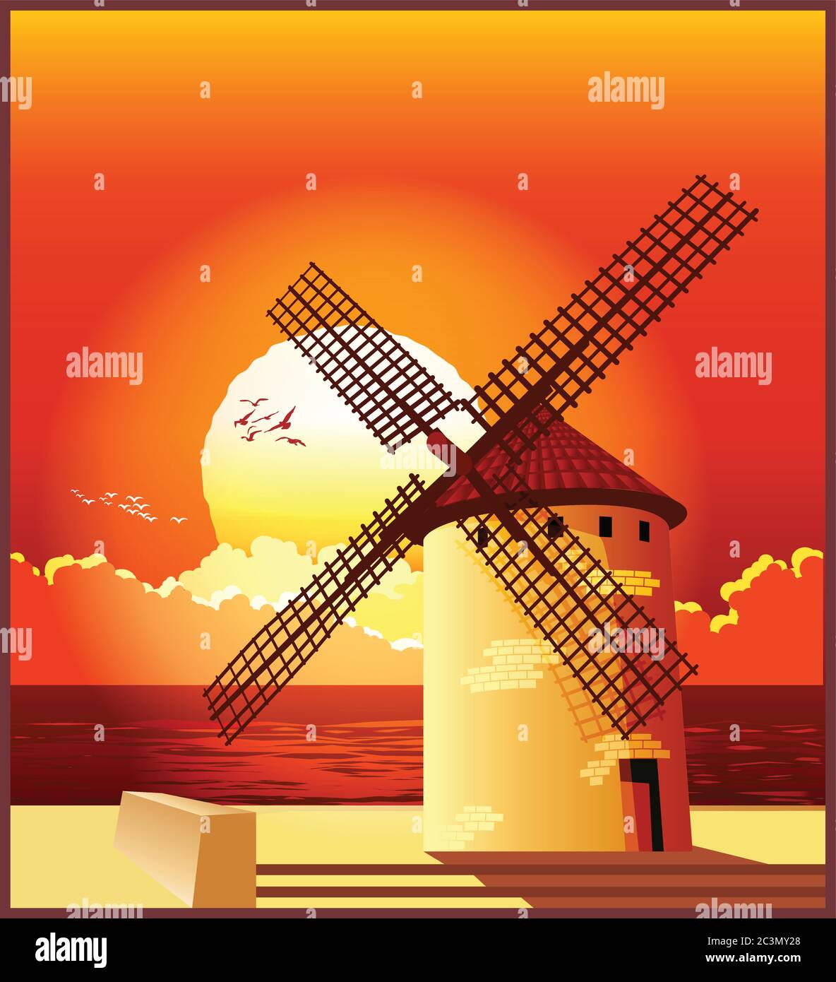 Illustration vectorielle d'un moulin à vent sur la rive au coucher du soleil. Illustration de Vecteur