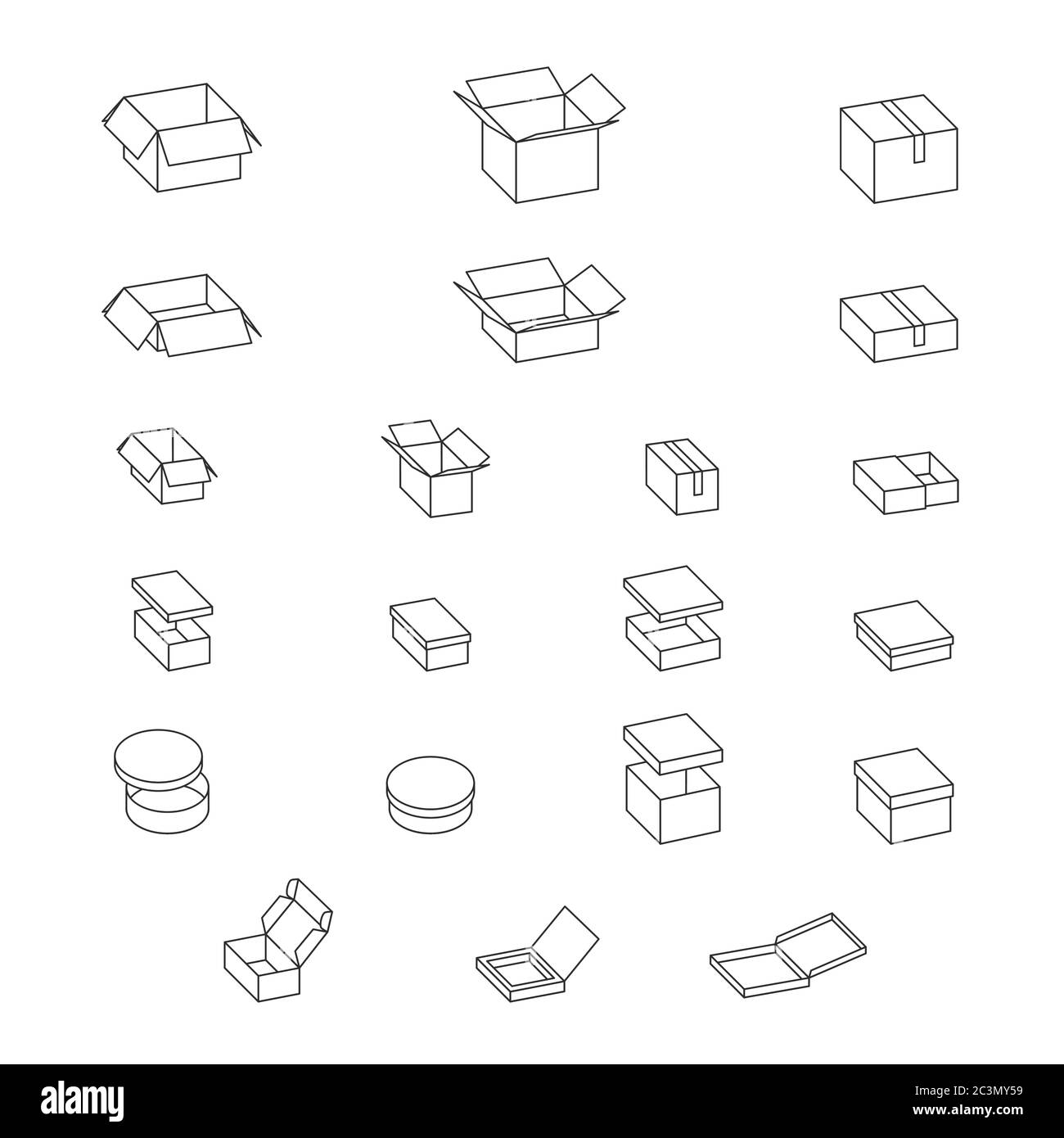 Ouvrir le contour des boîtes de papier fermées. Jeu d'icônes de boîtes en carton vectorielles. Isolé sur une illustration graphique simple blanche. Cadeau d'emballage, pizza, envoi postal Illustration de Vecteur