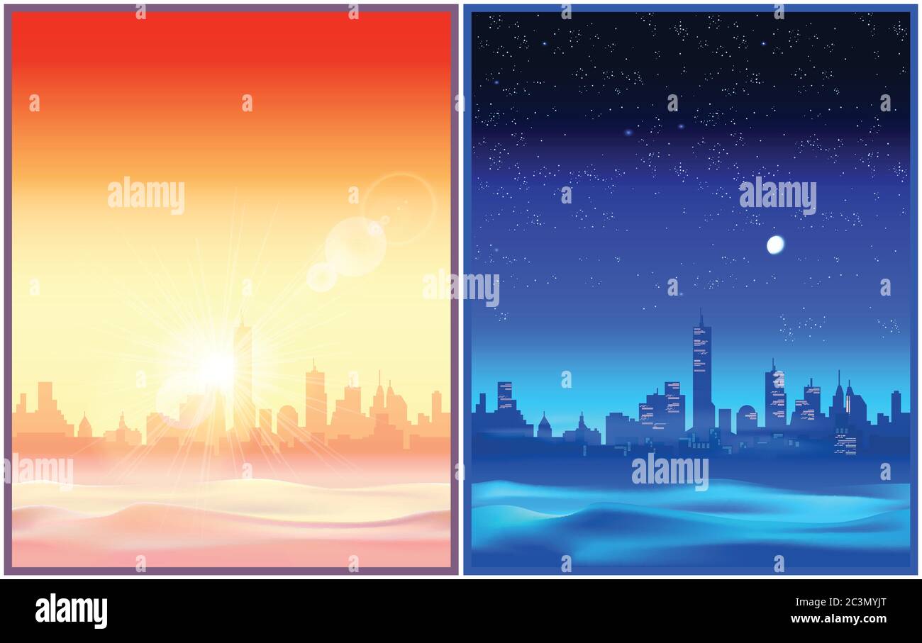 Deux illustrations vectorielles stylisées d'une ville dans le désert le soir et la nuit. Illustration sans couture horizontale si nécessaire Illustration de Vecteur