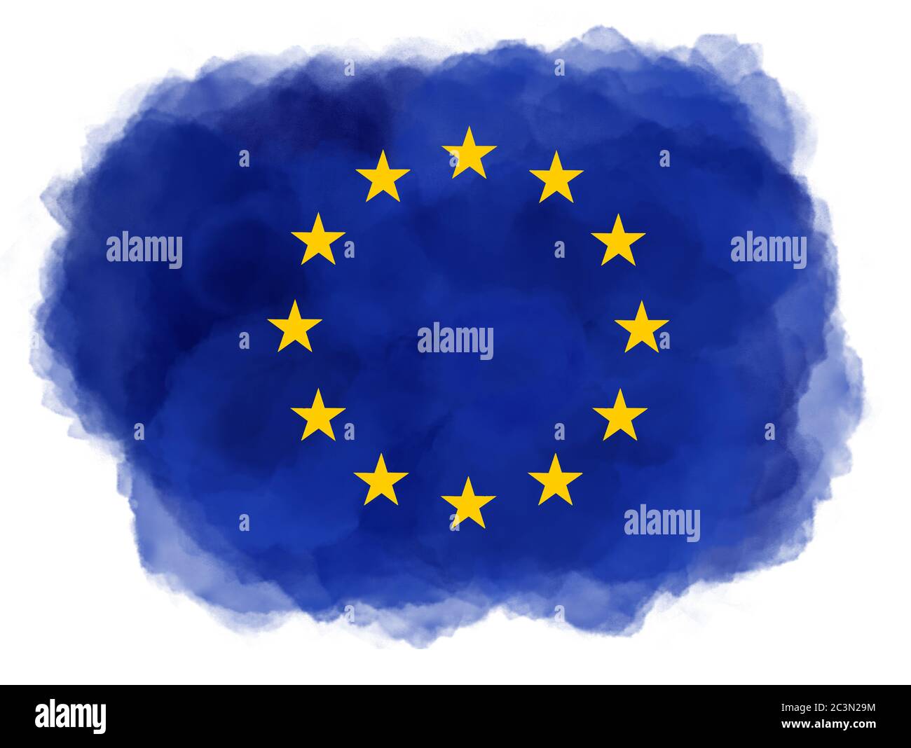 Bleu aquarelle avec cercle d'étoiles jaunes du drapeau de l'Union européenne isolé sur fond blanc. Image aquarelle générée par ordinateur. Banque D'Images
