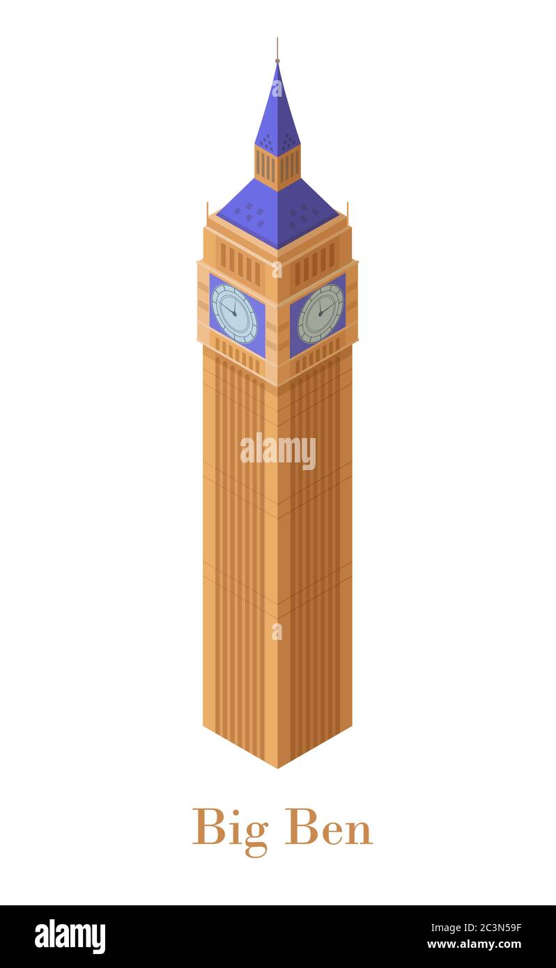 Big Ben isométrie. Londres, tour d'horloge du Palace Westminster, symbole de l'architecture britannique. Illustration de Vecteur