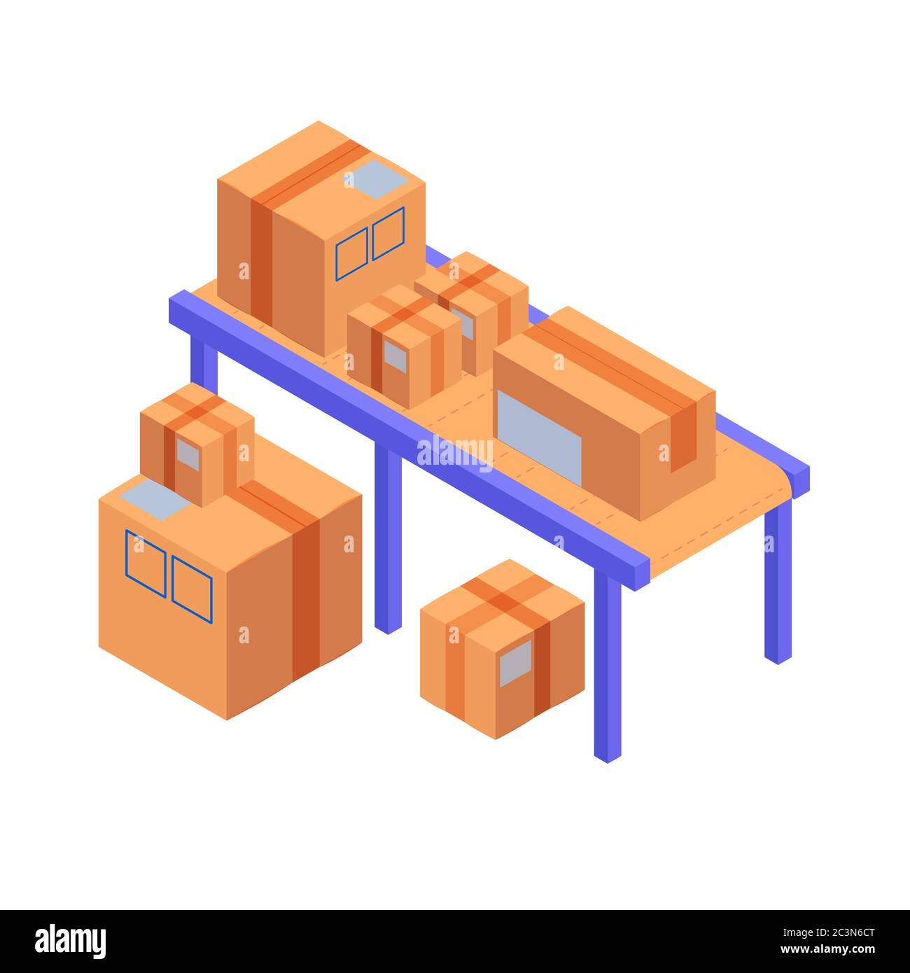 Tiroirs sur tapis roulant isométriques. Boîtes jaunes avec ruban de transport pour bagages provenant du chargeur arrivée des marchandises. Illustration de Vecteur