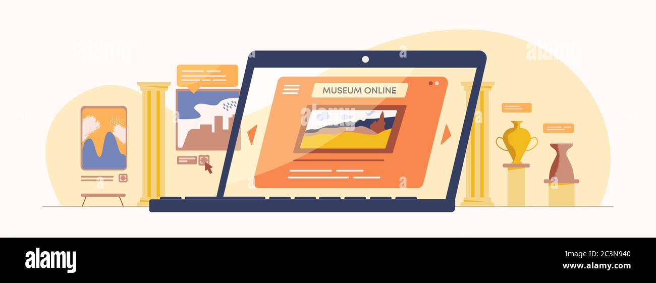 Illustration du musée en ligne. Application Web exposition numérique d'antiquités regardant l'exposition historique culturelle. Illustration de Vecteur