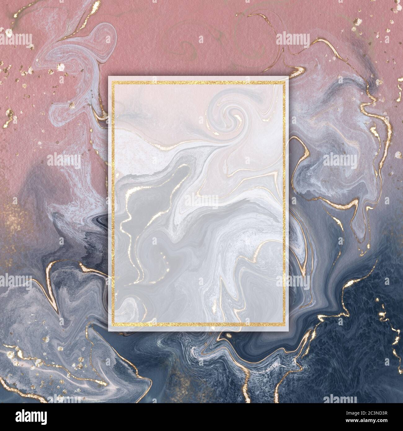 Modèle de bannière rose et grise avec texture marbre et cadre doré Banque D'Images