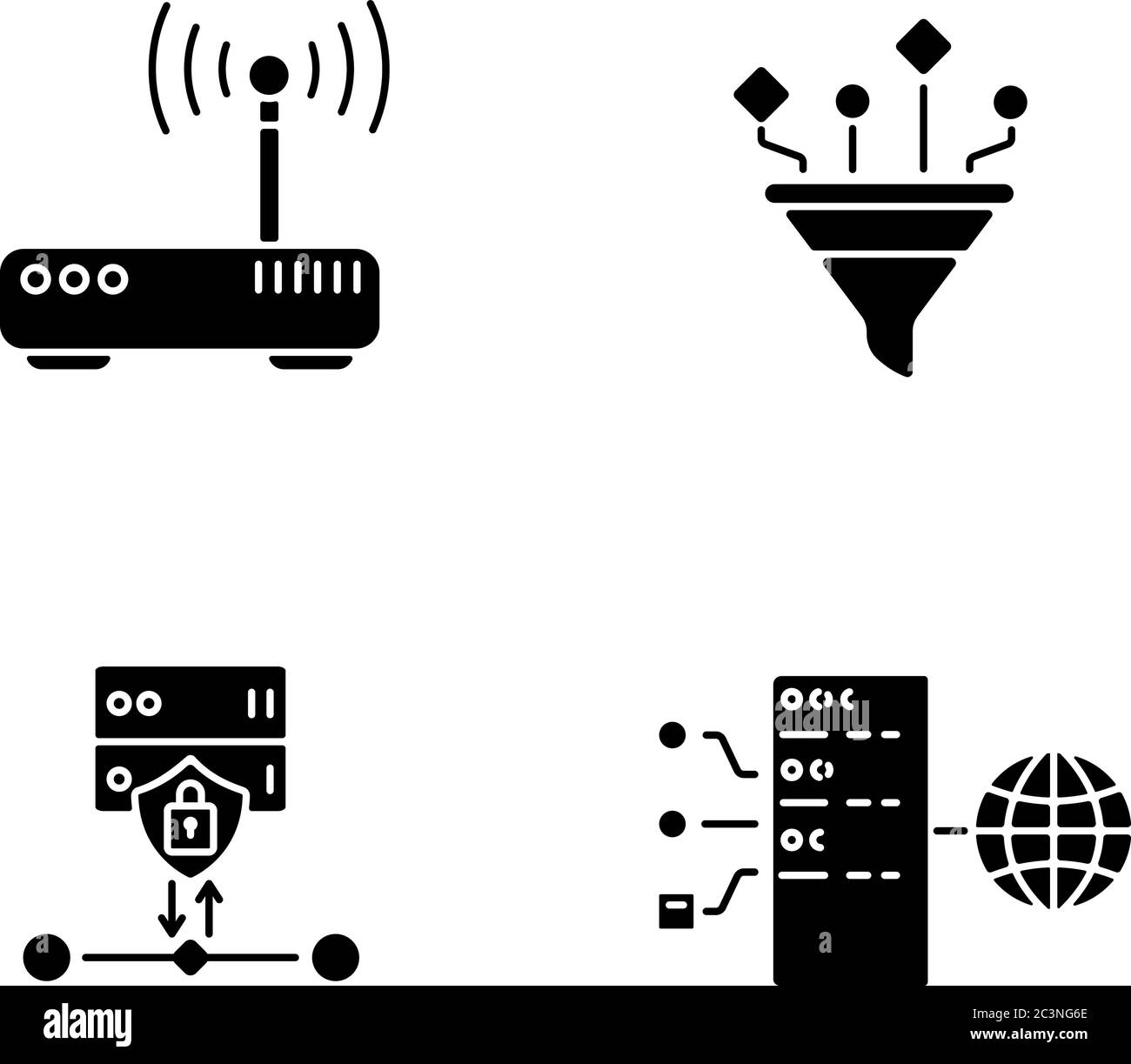 Icônes de glyphe noir de cybersécurité définies sur un espace blanc Illustration de Vecteur