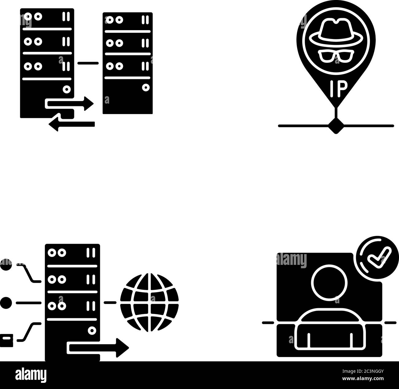 Icônes de glyphe noir de mise en réseau virtuelle définies sur un espace blanc Illustration de Vecteur