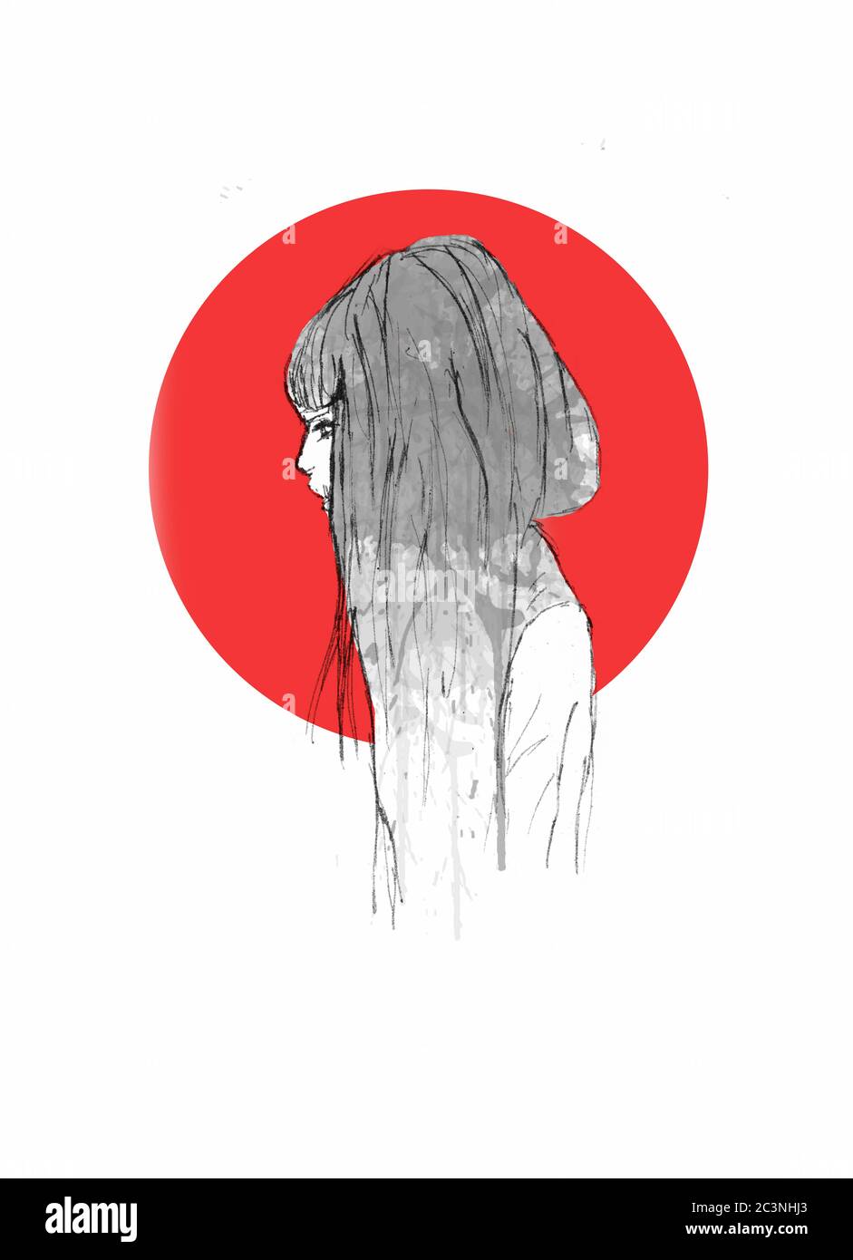 Portrait de belle fille dessiné à la main - croquis au crayon d'une fille Anime avec cercle rouge sur l'arrière-plan Banque D'Images