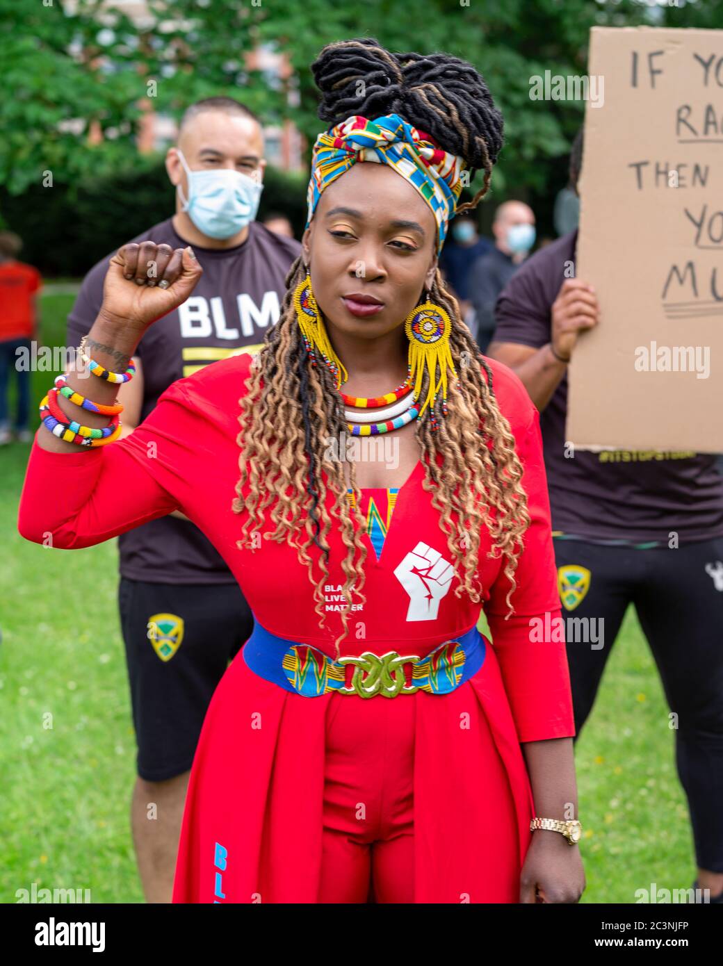 Activiste Marvina Este Newton. Black Lives Matter Demo, Hyde Park Leeds 21 juin 2020. Banque D'Images