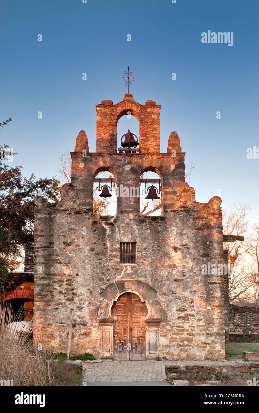 Église de Mission Espada au lever du soleil, San Antonio, Texas, USA Banque D'Images