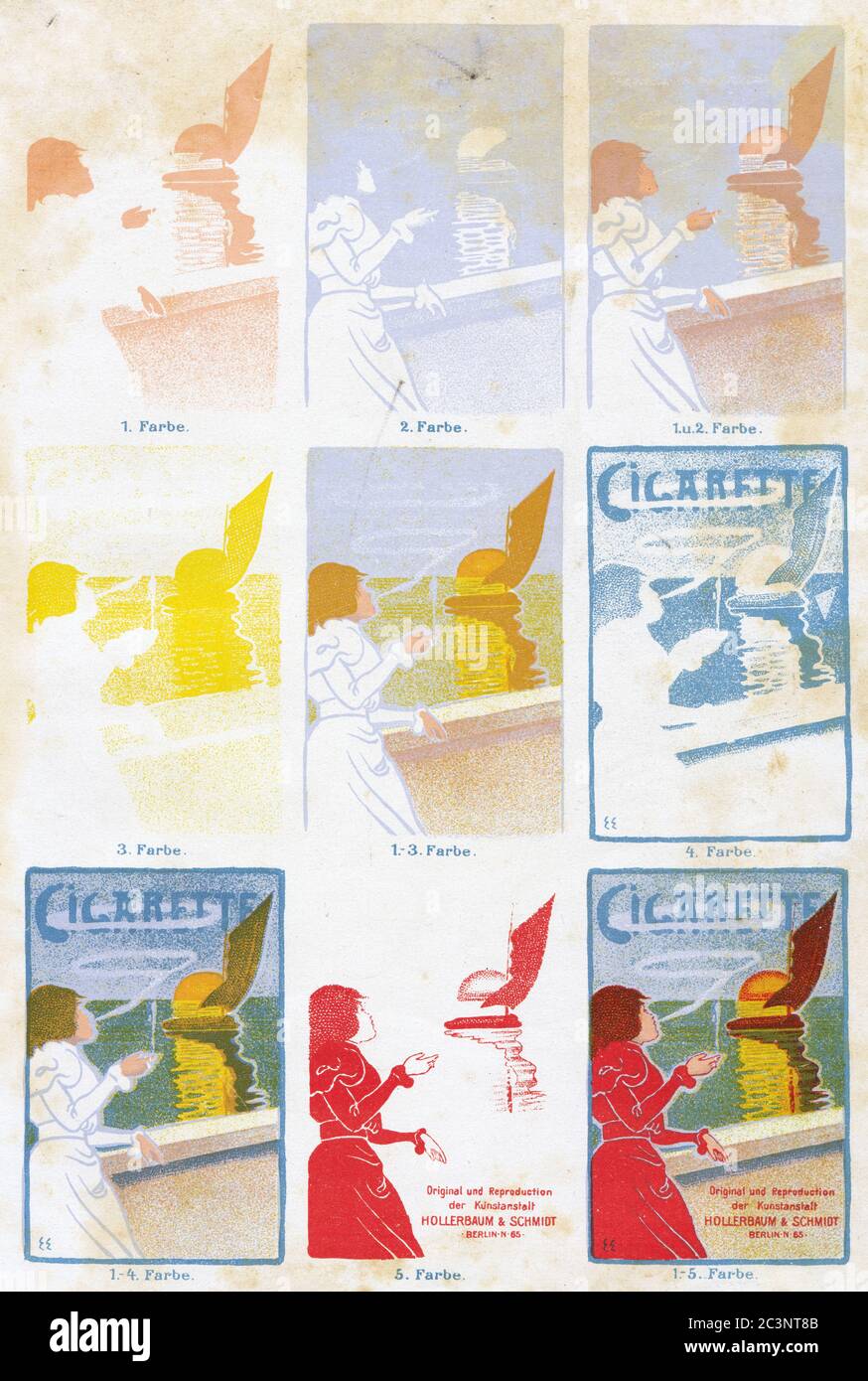Étapes de production d'une affiche en cinq couleurs. Illustration du XIXe siècle. Banque D'Images
