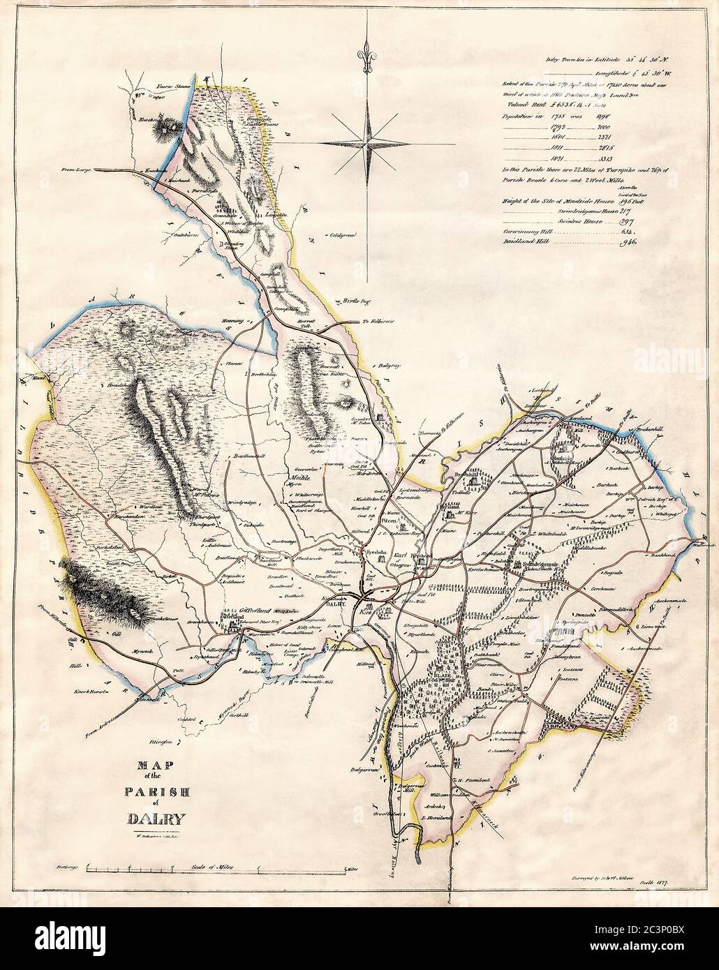 Carte historique, datée de 1827 montrant la paroisse de Dalry, Ayrshire, Écosse, y compris les détails des populations et des évaluations foncières, Royaume-Uni Banque D'Images