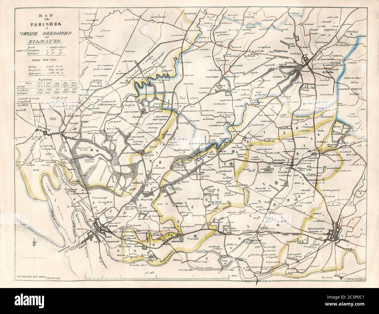 Carte historique, datée de 1829, montrant la paroisse d'Irvine, Dreghorn et Kilmaurs, Ayrshire, Écosse, avec des détails sur les populations et les valeurs des terres Banque D'Images