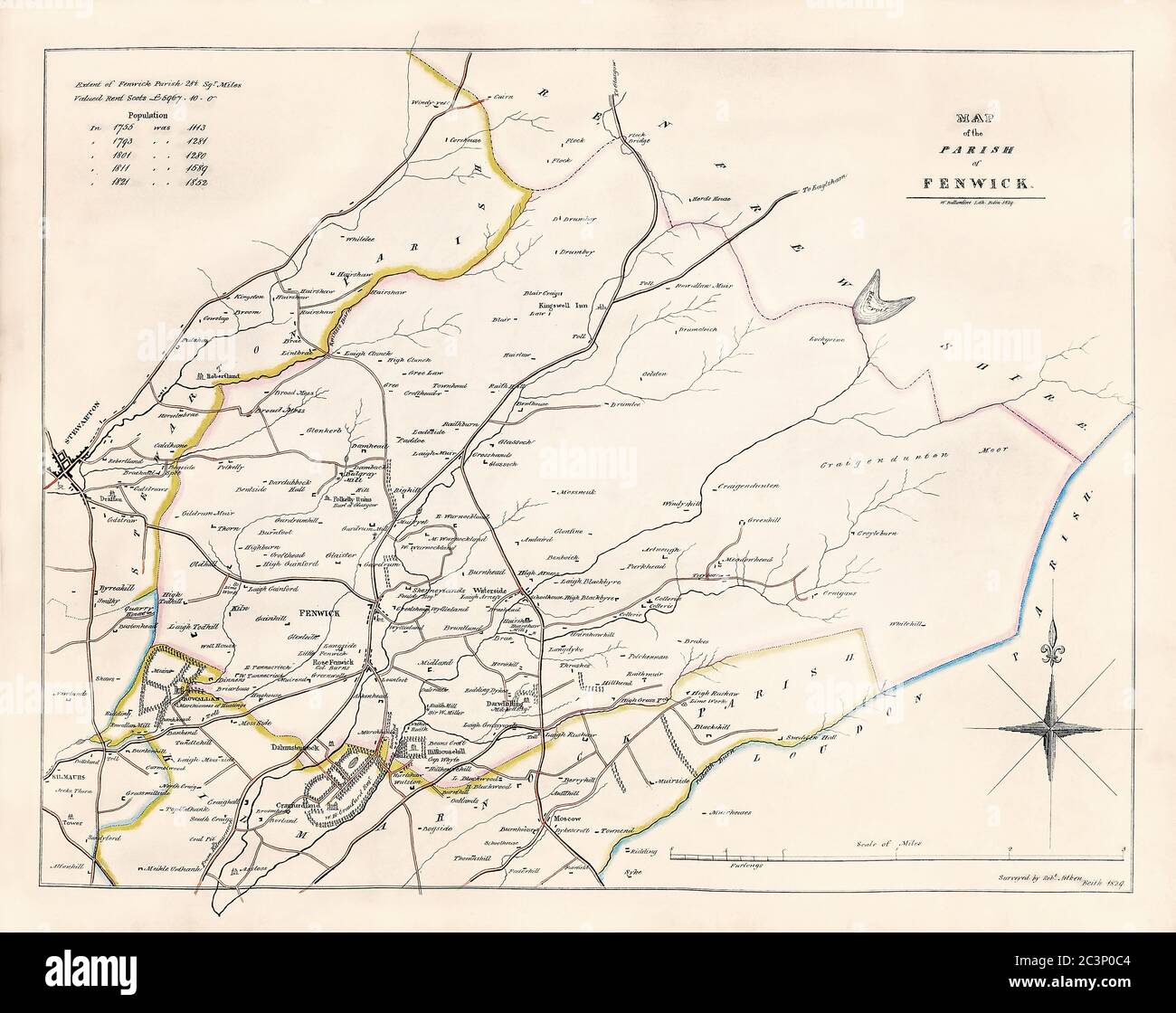 Carte historique, datée de 1829 montrant la paroisse de Fenwick, Ayrshire, Écosse, avec des détails sur les populations et les évaluations de terres, Royaume-Uni Banque D'Images