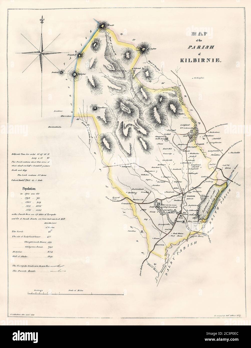Carte historique, datée de 1828 montrant la paroisse de Kilbirnie, Ayrshire, Écosse, avec des détails sur les populations et les évaluations de terres, Royaume-Uni Banque D'Images
