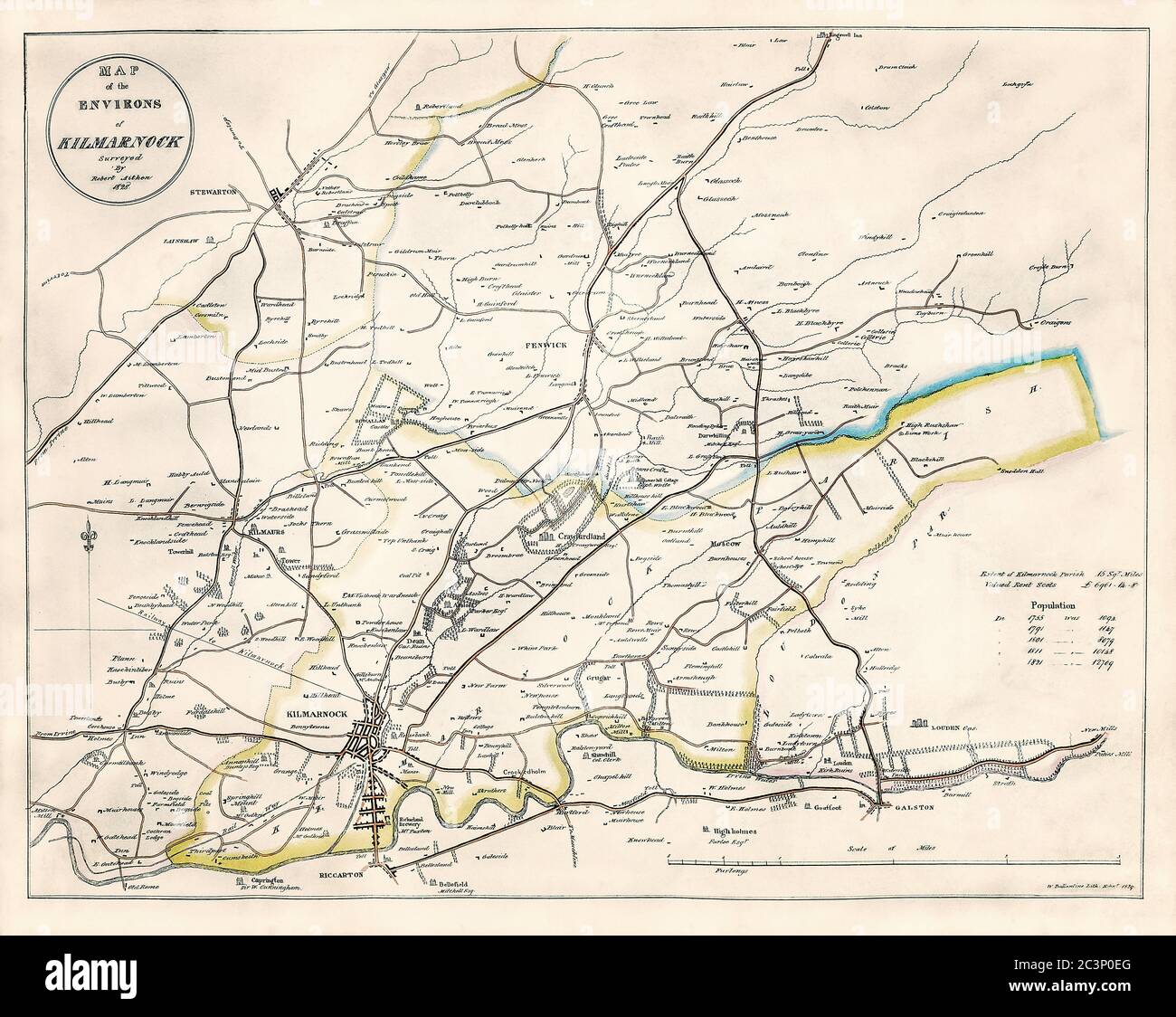 Carte historique, datée de 1829 montrant Kilmarnock et les environs, Ayrshire, Écosse, avec des détails sur les populations et les évaluations de terres, Royaume-Uni Banque D'Images