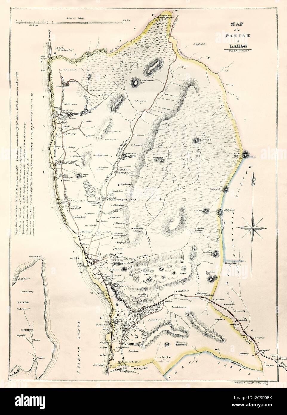 Carte historique, datée de 1829 montrant la paroisse de Largs, Ayrshire, Écosse, avec des détails sur les populations et les évaluations de terres, Royaume-Uni Banque D'Images