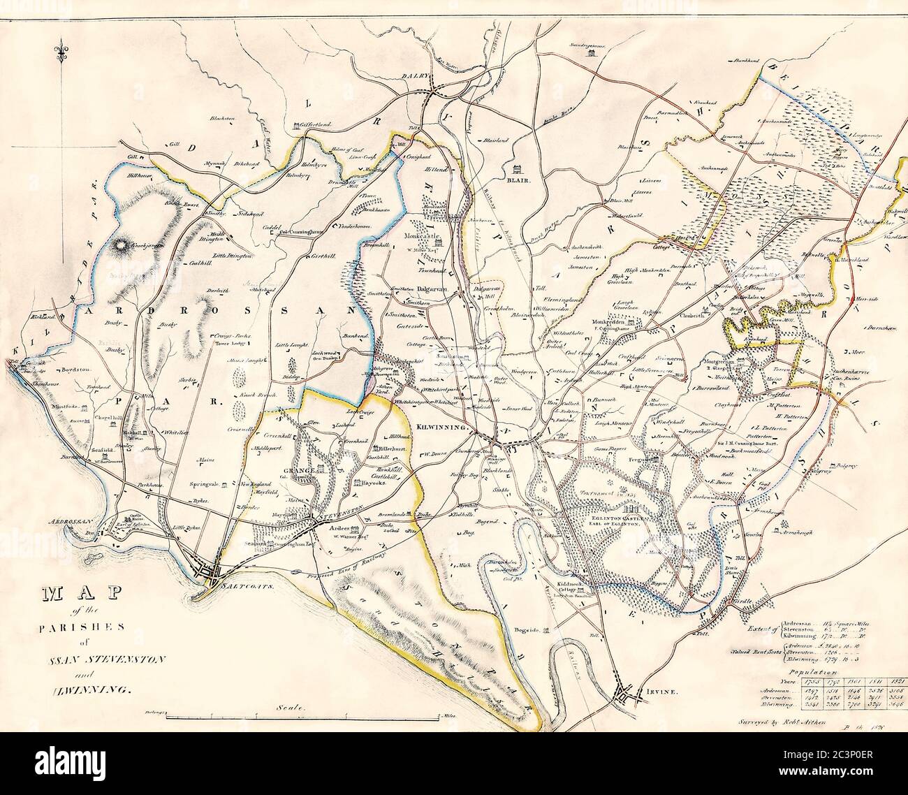 Carte historique, datée de 1829, montrant les paroisses d'Ardrossan, Stevenston et Kilwinning, Ayrshire, Écosse, y compris les détails des populations et des terres Banque D'Images