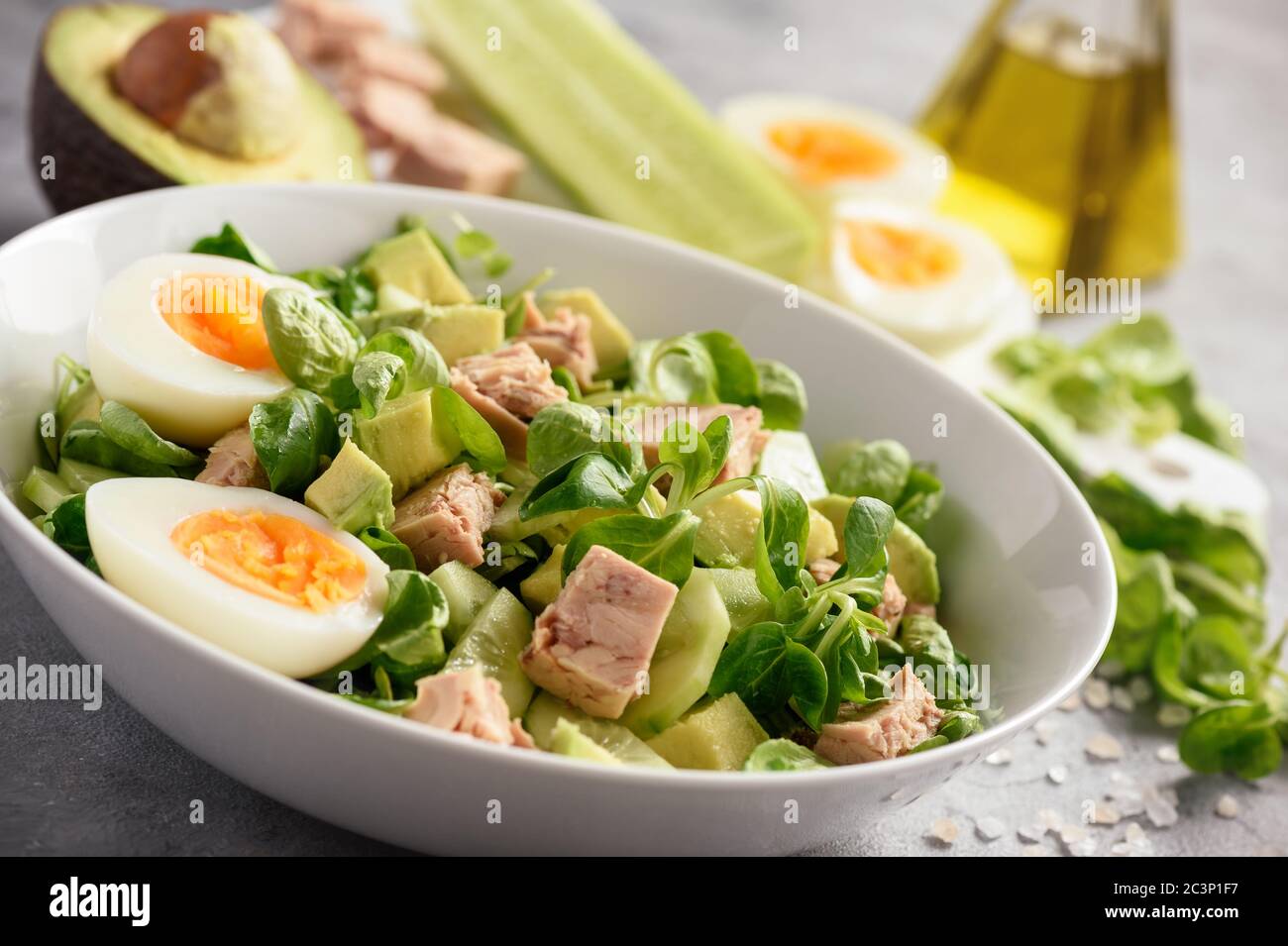 Salade de thon saine avec avocat et œufs Banque D'Images